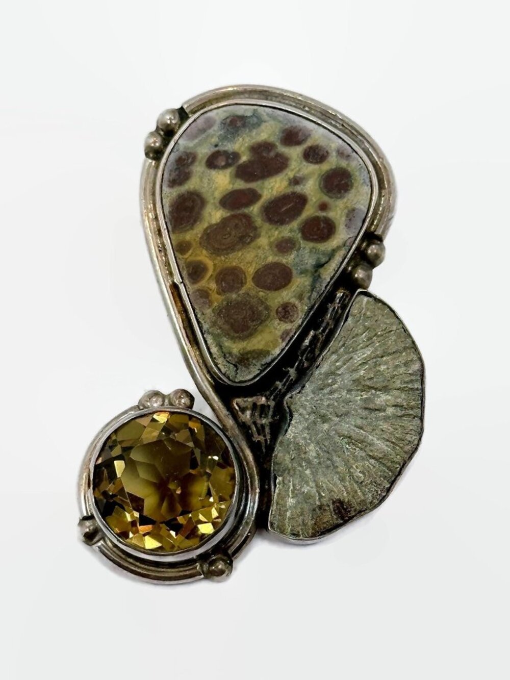 Pyrite Fossil Pendant, Sterling Silver, Jasper, Quartz, Designer, Elysium
